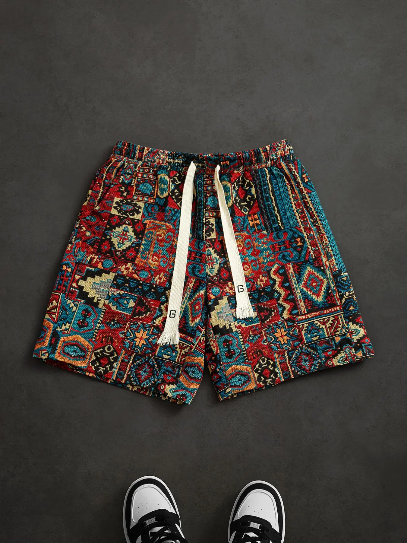 Ethnic Wind Printed Loose Fit Five-Quarter Men's Bohemian Casual Shorts, Retro Comic Street Style, Beach Bottoms, Trendy Fashionable Summer Shorts