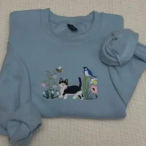 Spring meadow TUXEDO cat embroidered sweatshirt