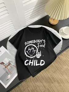 Boy's "SOMEBODY'S FERAL CHILD" Letter Print Round Neck Tee, Casual Short Sleeve Crew Neck T-Shirt for Daily Wear, Kids Clothing for All Seasons, Graphic Tees