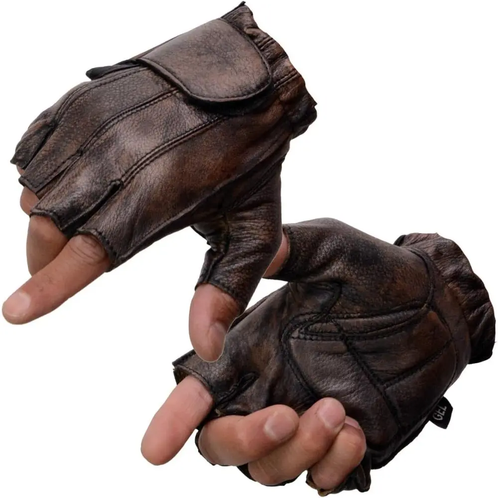 Men's Premium Brown Cowhide Leather Fingerless Biker Gloves, Gel-Padded Palm, Vibration Reduction Driving Gloves, Control