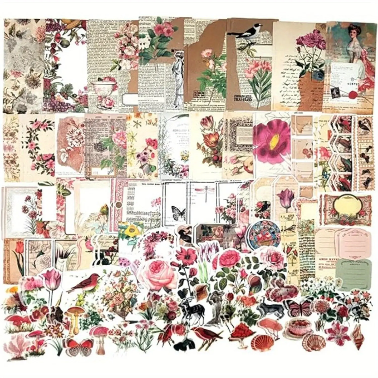 200PCS Vintage Scrapbooking Supplies Kit - Rustic Nature-Inspired Ephemera, Colorful Sticker Paper, Animal Collectibles, Office Stationery for Journaling, Scrapbook Planners, Cottagecore Decor