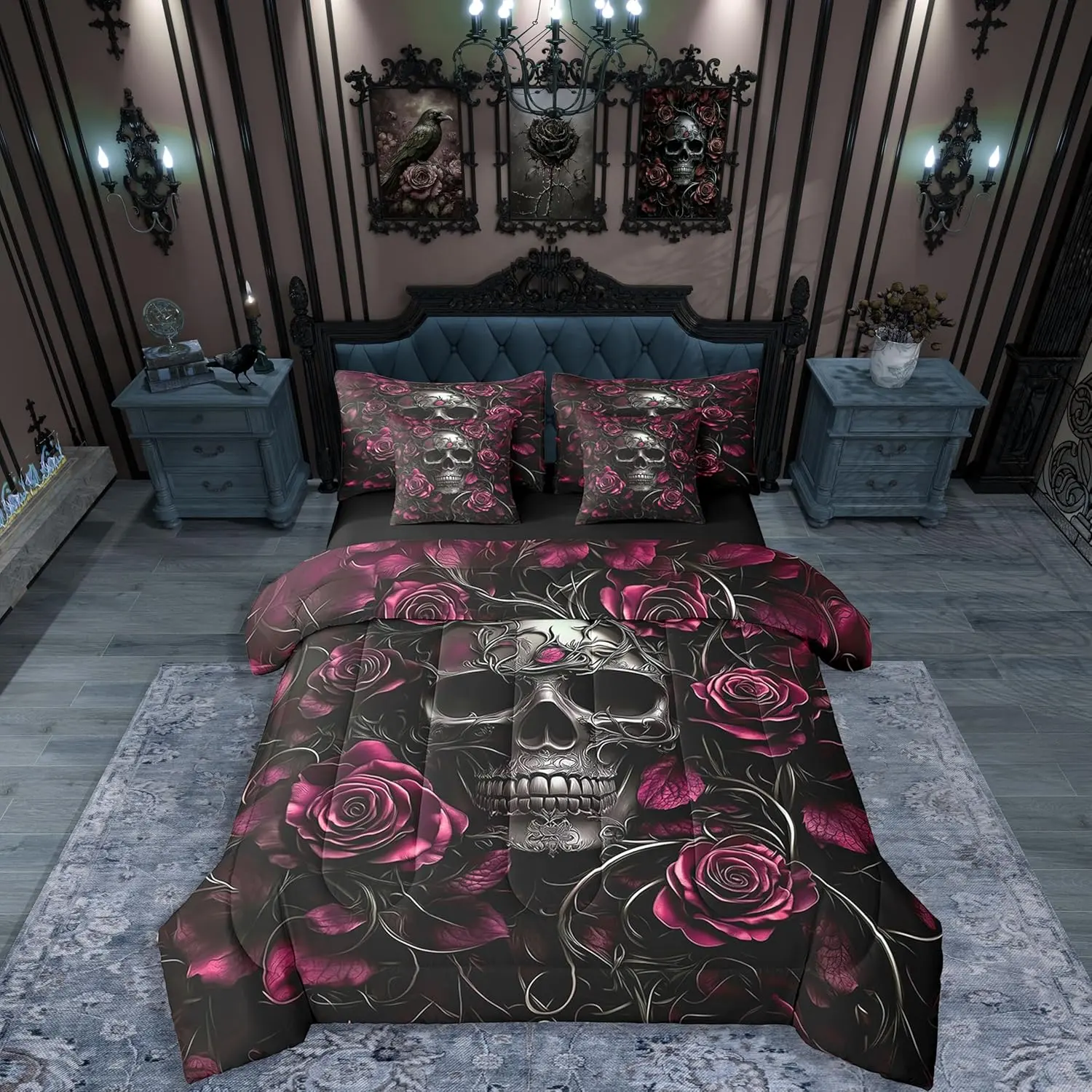 Feelyou 7-Piece Ultra Soft Queen Comforter Set - Gothic Sugar Skull Skeleton Motif, Hot Pink Skull Roses Design, Multi-Size Bed-in-a-Bag for Teens, Bed Cover Set, Complete Bedding Sets