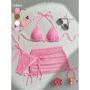 women's three piece vacation casual bikini set, fishing net camisole collar tied swim top, Triangle bikini top, matching swim bottoms, transparent mesh skirt cover, suitable for beach vacation, summer leisure, Swimsuit, Beach Bathing Suit 2 rash guard Bow