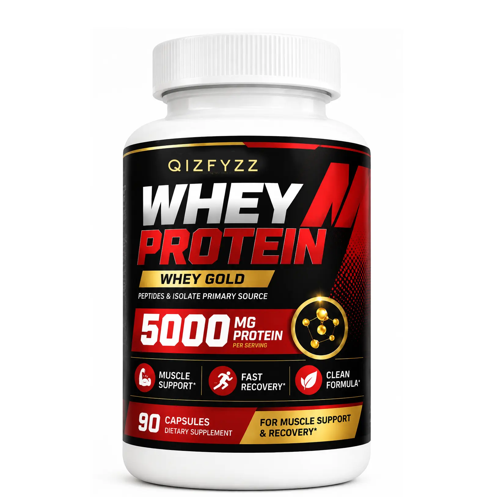 Whey protein health supplement supporting muscle health and athletic performance, 90 capsules.