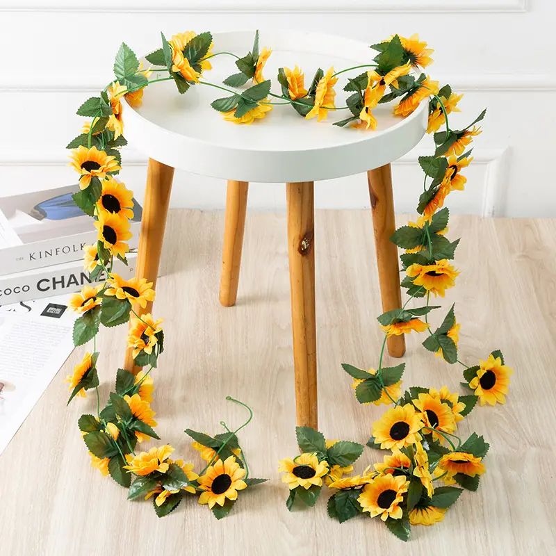 1Pc Artificial Sunflower Garland Silk Sunflower Vine Artificial Flower Green Leaf Fabric Flower Head Fake Sunflower Vine Suitable for Wedding Table Home Craft Party Decoration Ornaments Plastic