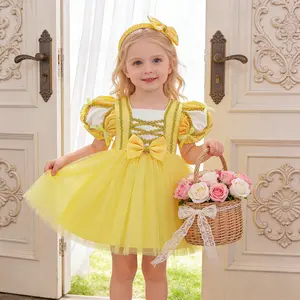 010 Kids Girl Color Block Mesh Splice Puff Sleeve Cloak Princess Dress Mesh Princess Dress For Girls Suitable For Role Play And Parties