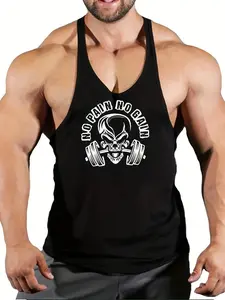 Men's Skull Fitness Tank Top, Vintage Gym Training Striped Sleeveless Shirt, Breathable Polyester, Sporty Slim Fit, Gym Wear, Daily Casual