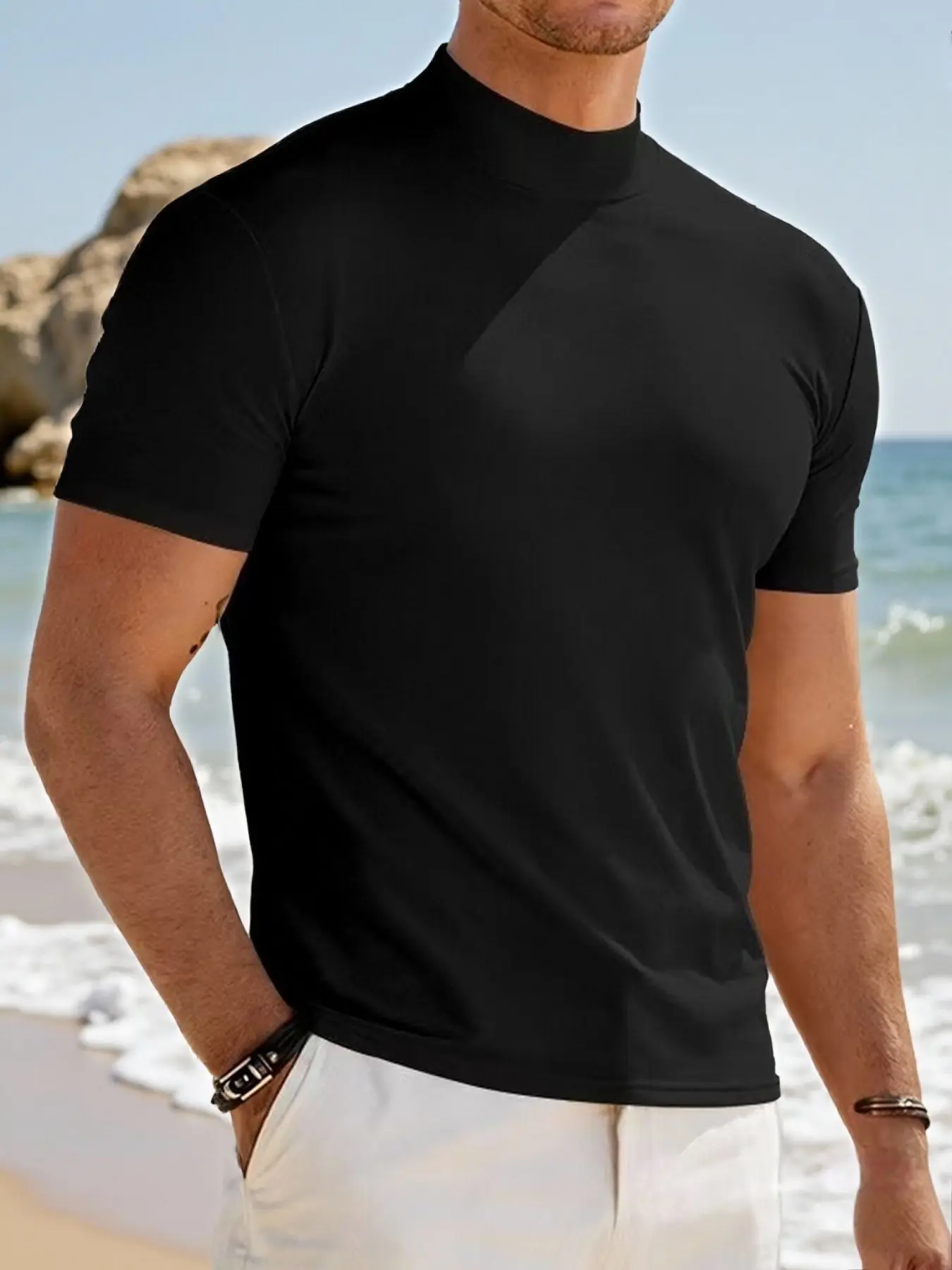 Men's Classic Turtleneck Short Sleeve Tee, Muscle Fit Basic Top, Lightweight & Breathable, Ideal for Layering or Solo Wear, Business & Leisure
