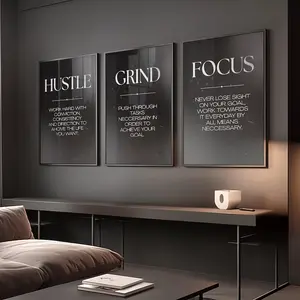 Set of 3 Motivational Wall Art   – Masculine Gym Decor, Office Printable Quotes,Black  Focus, Hustle, Grind