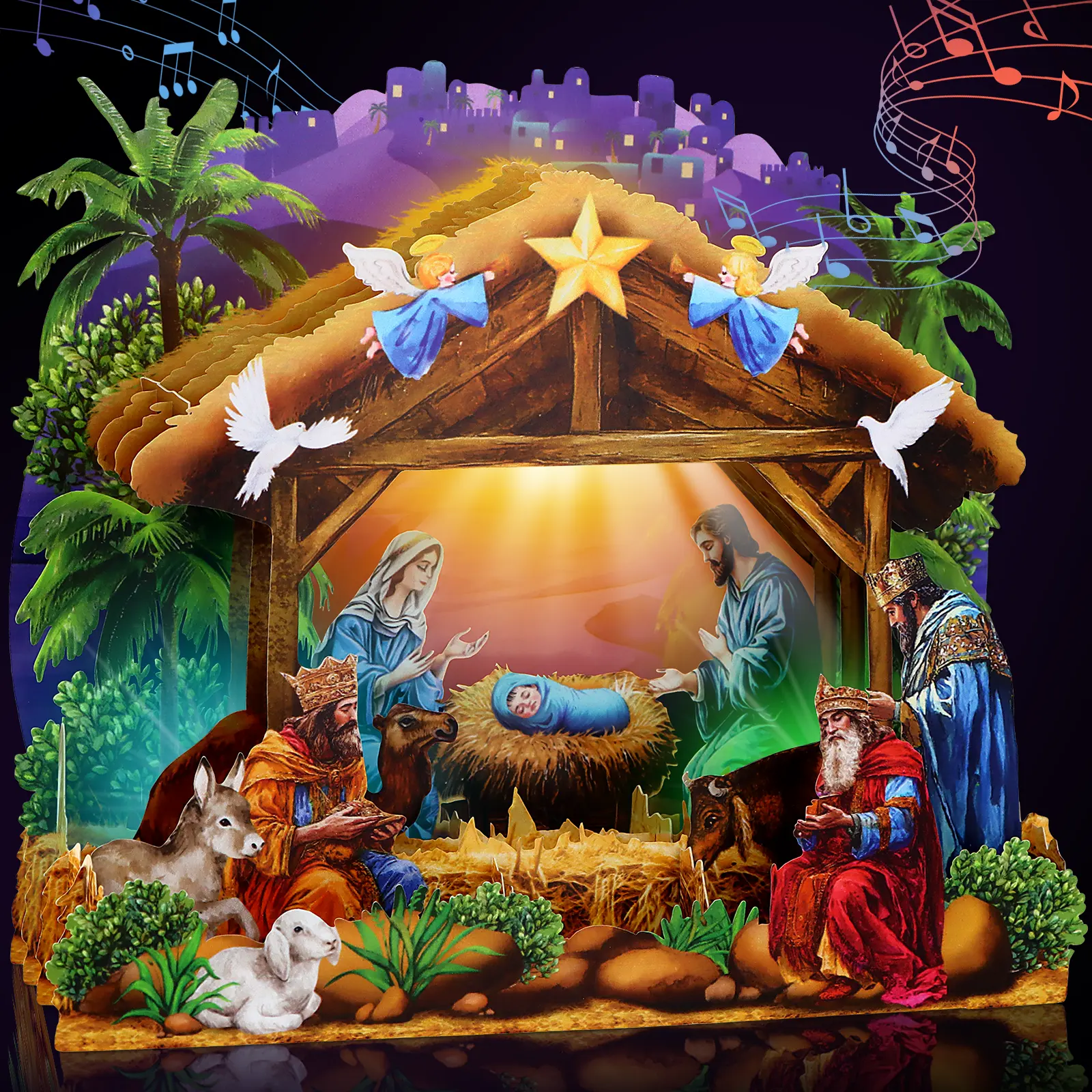 FaCraft Religious Nativity Musical Christmas Cards - Handmade 3D Light-Up Office Stationery with Lights, Music, Jesus Birth Scene, Envelope, Blank Insert, Seal - Decorations for Christmas Parties, Friends, Church Members, Children, Family