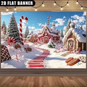 1pc 2D Flat Festive Christmas Gingerbread House Backdrop - Snowy Winter Scene with Red & White Striped Candy Cane, Gingerbread House, Photography, and Fairy Tale Scenes, Christmas Decorations, Gi Banners Ornaments