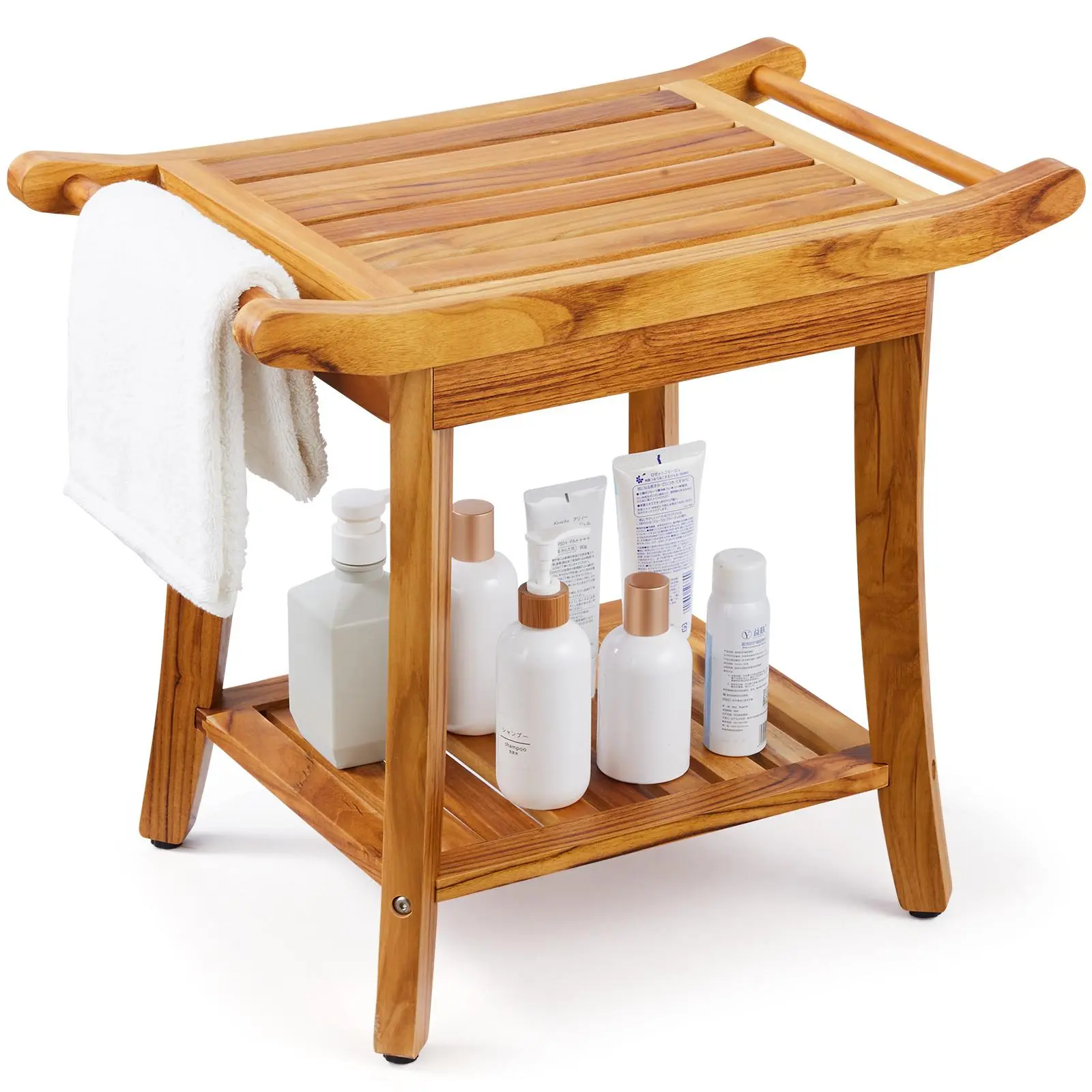 【summerfinds】VEVOR Teak Shower Bench, 22 x 14.4 x 18.5 in, Waterproof Wood Shower Stool with Storage Shelf Handle Non-Slip Feet, 300 lbs Maximum Load Capacity Shower Chair Seat, for Bathroom Indoor and Outdoor Use