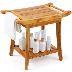 【Spotlight Day】VEVOR Teak Shower Bench, 22 x 14.4 x 18.5 in, Waterproof Wood Shower Stool with Storage Shelf Handle Non-Slip Feet, 300 lbs Maximum Load Capacity Shower Chair Seat, for Bathroom Indoor and Outdoor Use