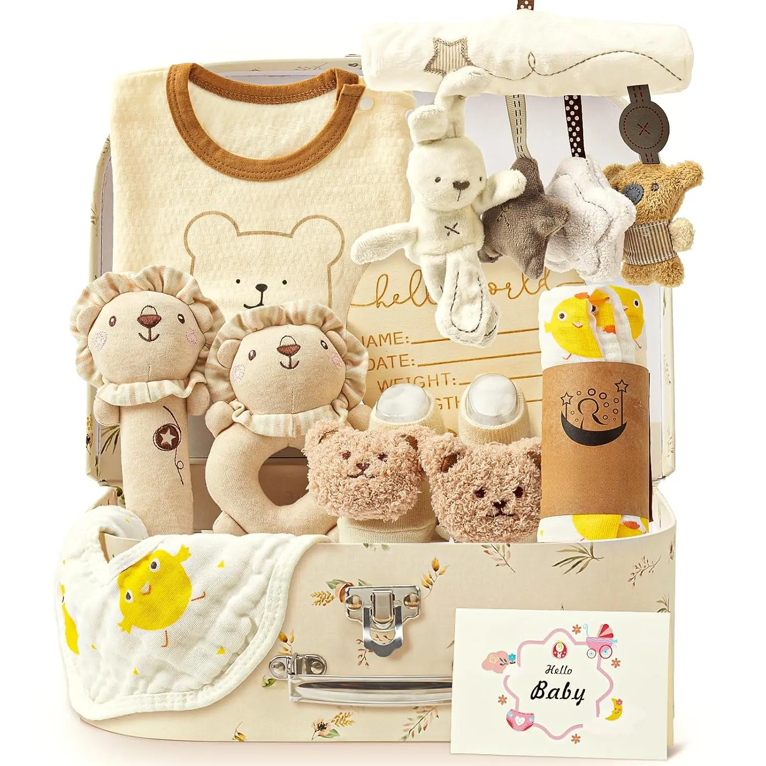 9pcs Newborn Baby Gift Baskets for Boys Girls Baby Shower, 2 Rattle/Seat Hang Toy/Blanket/Bodysuit/Bib/ 3D Socks/Wood Milestone/Carry Box, Neutral New Born Essential Stuff Unisex Baby Gifts Boy