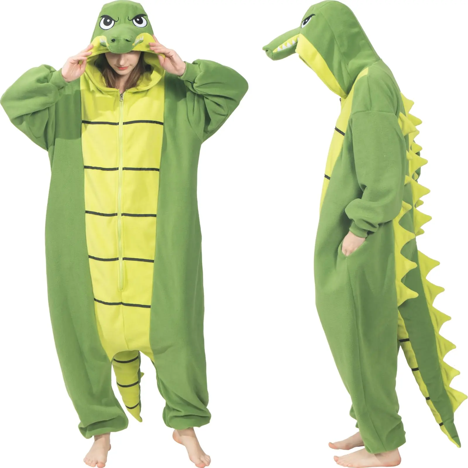 Women's Plush Crocodile Hooded Onesie Clothes - Fleece Knit Loungewear, Cozy Warmth Slip-On Humor Jumpsuit, Halloween Costume Pajamas, Whimsy in Pajamas, Standout in Crowd, Fun Unique Twist Design, All Seasons Lady Loungewear