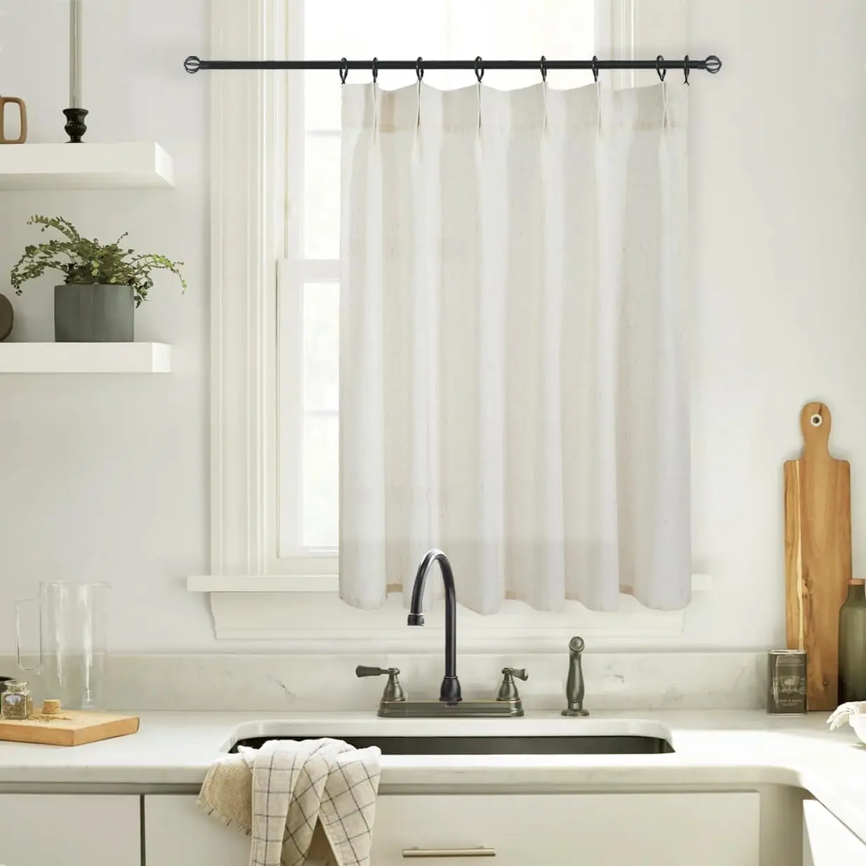 Short Sheer Linen Pinch Pleated Bathroom Window Curtains 45 Inch Length for Kitchen Cafe