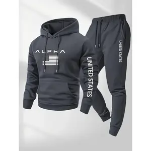 Alpha Men's Hooded Tracksuit, Fleece-Lined Thick Men's Sweatshirt Set: 100% Polyester Soft and Breathable Hooded Sweatshirt + Sweatpants - A versatile streetwear piece suitable for everyday wear/weekend casual/date nights, wrinkle-resistant fall athletic