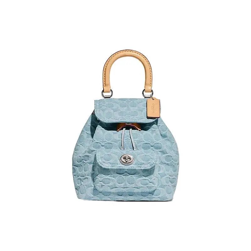 COACH Riya 23 Monogram-Embossed Classic Caramel Canvas Backpack for Women, Medium Blue