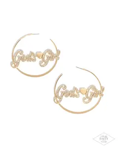 Shine with Purpose - Gold White Rhinestone Gods Girl Hoop Earrings - Bring Back Exclusive - Paparazzi
