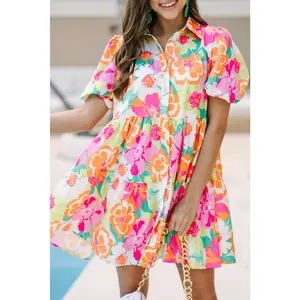 Pink Floral Puff Sleeve Collar Buttoned Babydoll Dress
