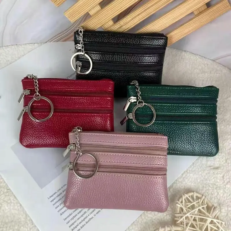1pcs A Minimalist Women's Solid-Color PU Leather Mini Wallet Featuring A Three-Zipper Design, Integrated Key Ring, And Lightweight, Multifunctional Construction; Ideal For Organizing Coins, Cards, And Keys With A Sleek, Retro-Inspired Aesthetic.