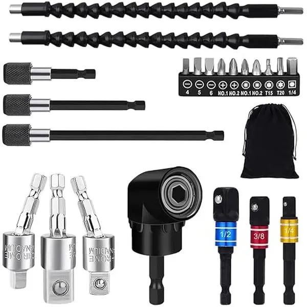 Multi-Size Flexible Drill Bit Extension Power Tool Set Kit - 105° Right Angle Drill Attachment, 1/4" 3/8" 1/2" Hex Shank Impact Driver Socket Adapter, Rotate Freely Magnetic Grip Socket, Screwdriver Bit with Wrench for Small Spaces