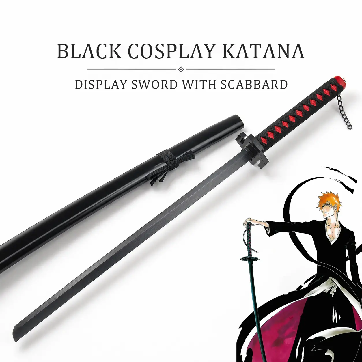 Tensa Zangetsu Style Anime Katana Sword, Unsharpened Alloy Blade Black Cosplay Sword with Sheath, Anime Fan Gift Medieval Collectibles, Anime Katana Swords