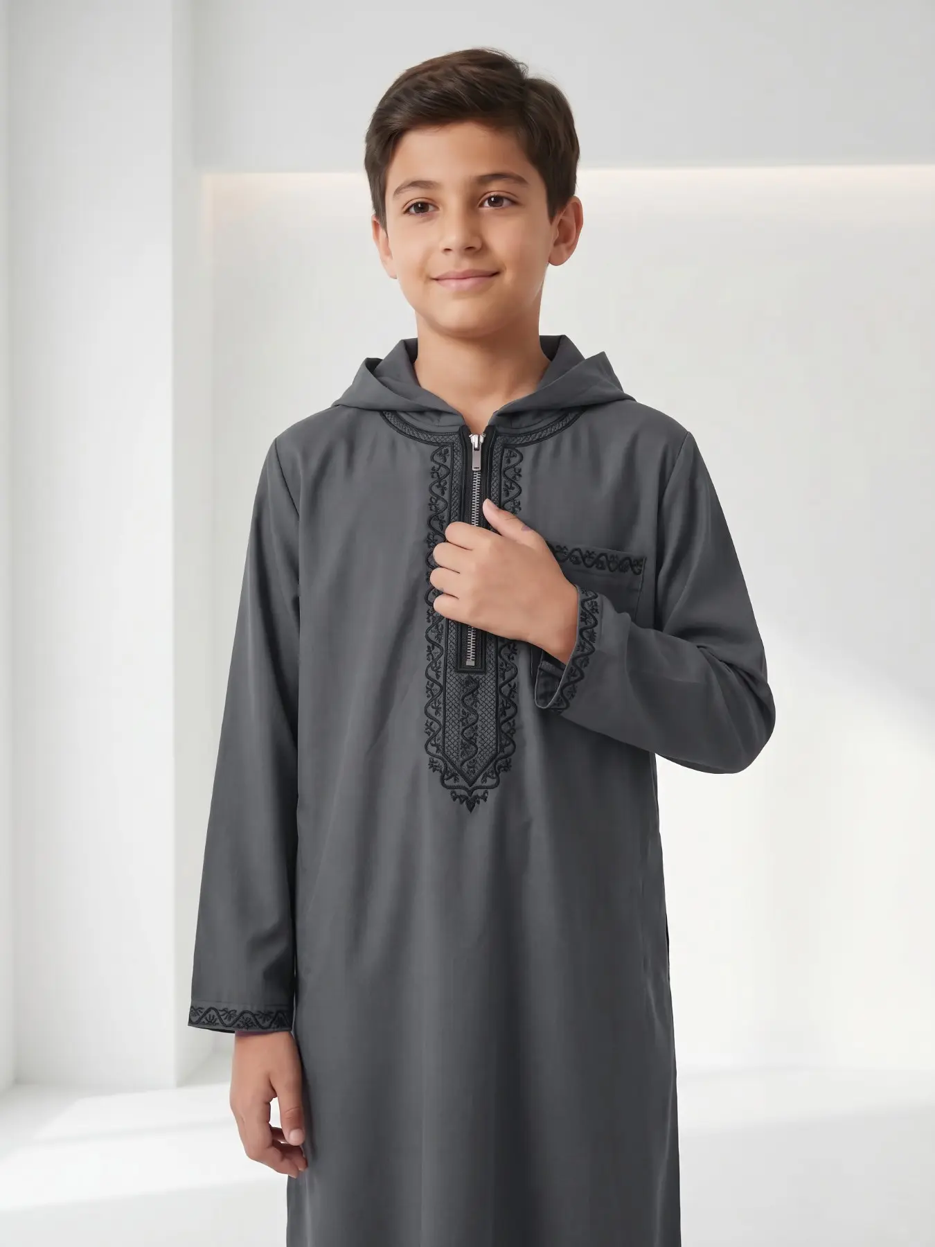 Moroccan Style Embroidered Hooded Djellaba with Zipper, Side Pockets, for Boys 8-12 Years, Modest, Ideal for Eid Al-Fitr and Daily Wear