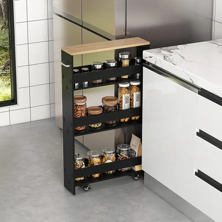 COSTWAY Small Kitchen Cart, 4-Tier Slim Rolling Island with Handle, Laundry Room Storage Between Washer and Dryer, Kitchen Organizers & Storage Cart, Narrow Spice Rack on Wheels Next to Fridge, Black/White/Grey