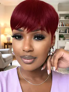 Short Pixie Cut Human Hair Wig with Bangs, 99j 4# Colored Full Machine Made, Natural Look for Women, Stylish and Versatile Hairstyle
