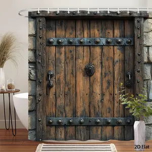 Rustic Wooden Shower Curtain Weathered Wooden Door with Textured Planks and Medieval Architecture Bathroom Decor Housewarming Gift, 12 Hooks