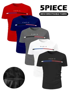 Men's Fitted Breathable Paris Multi-Color Striped Letter Print T-Shirt Set, Athletic Sports Clothing, Short Sleeve Round Neck Sportswear All Seasons for Gym Yoga Casual Wear