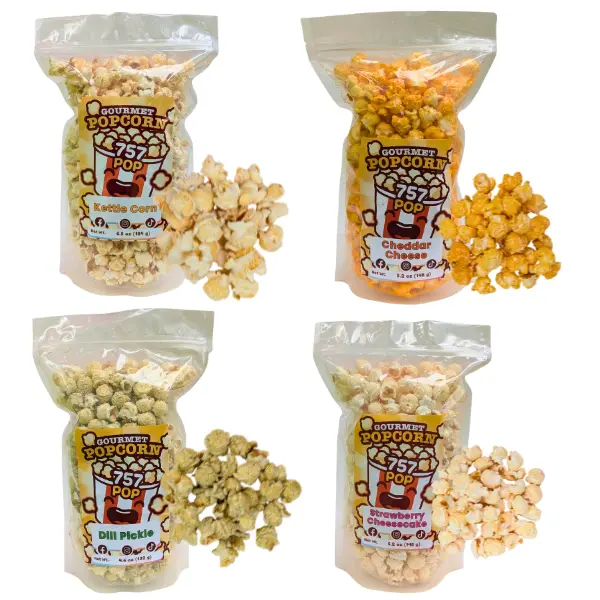 4 Pack Gourmet Popcorn Variety Pack – Fresh Popped, Made in Virginia, Movie Night Treat, Party Snack, Gift Idea