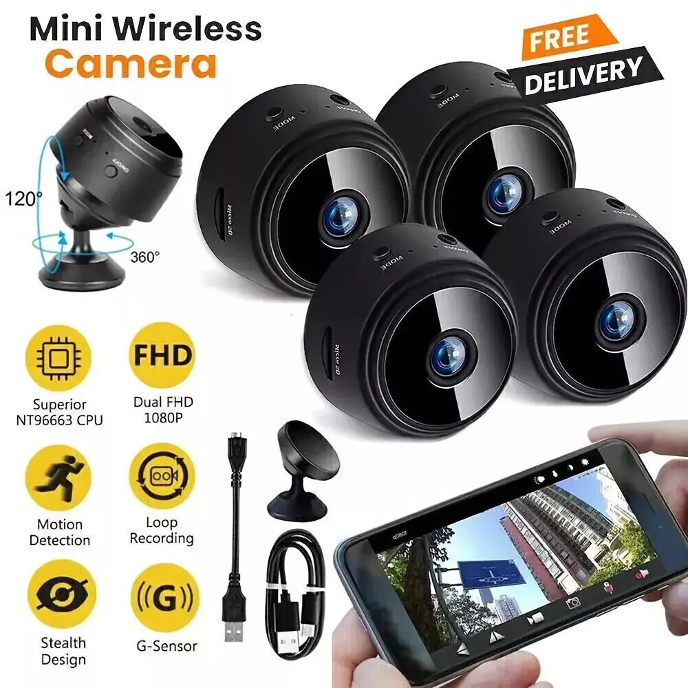 4PCS Ultra Mini Hidden A9 Nanny Camera, WiFi Wireless 1080P HD Security Camera with Motion Detection, Portable Surveillance Cam for Home Office Baby Pet Monitoring, Easy to Conceal
