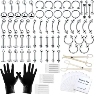 84PCS Body Septum Piercing Kit 14G 16G Tools for Nose Tongue Lip Ear Eyebrow Belly Button Cartilage Tragus Industrial Barbell Helix Daith Piercing Jewelry Clamps