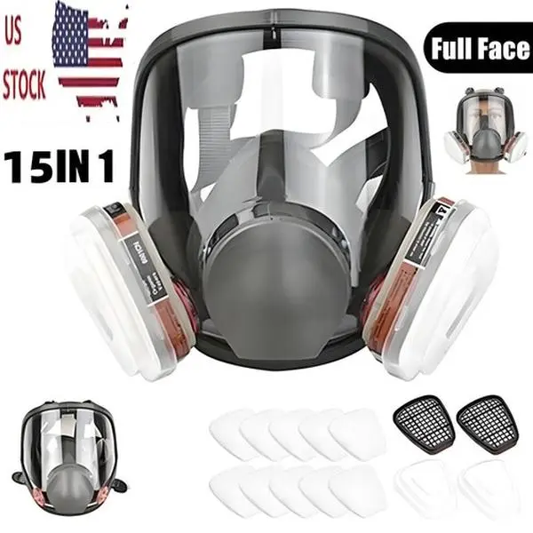 15-in-1 Full Face Respirator Mask, Reusable Protective Face Cover with Adjustable Strap, Anti-Dust Eye Protection, for Organic Gas, Paint Sprayer, Chemical and Woodworking Applications