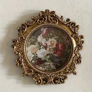 Vintage Picture Frames 4x4 Round Gold - Antique Ornate Small Picture Frames with Hooks and Easel Stand Wallet Size Victorian Decor for Gallery Wall and Tabletop