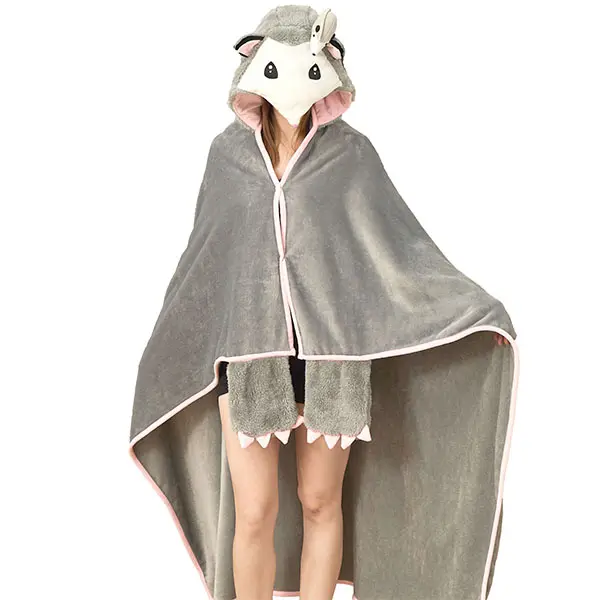Women's Animal Theme Hairy-Faced Opossum Flannel Fleece Hooded Blanket - Cozy Blanket Throw, Soft Polyester, 1 Size (Below Knee), Holiday Gift for Ladies' Sleepwear & Loungewear, Flannel Fleece Blankets