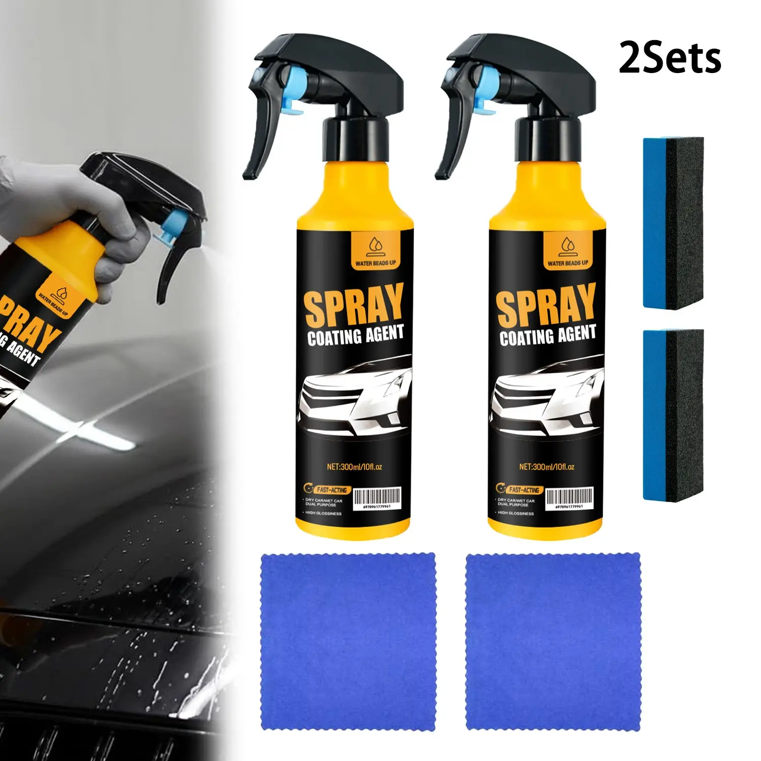 2Sets Nano Hydrophobic Ceramic Coating Kit Includes Microfiber Cloth, 300ml Car Coating Spray, Quick Effect Coating Agent for Car, Shiny Car Stuff, Easy-to-Spray Auto Paint Protection, Automotive Auto Detailing Supplies, Automobile Coating Agent