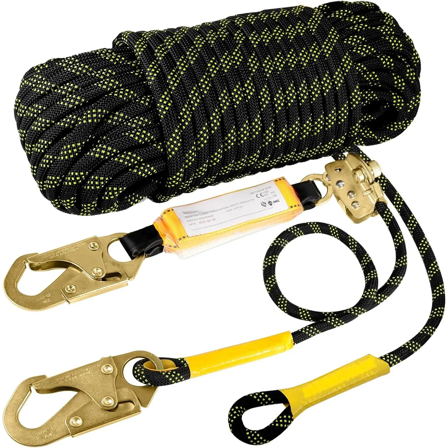 Fall Protection Rope Harness Safety Lanyard Kit - 50ft Vertical Polyester Roofing Rope with Grab Snap Hooks, Shock Absorber, Heavy Duty ANSI CE Certified for Tree Climbing, Window Washing, Gutter Cleaning