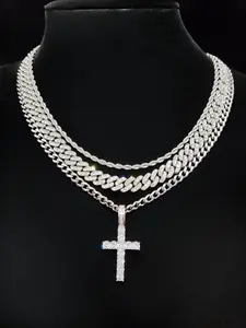 Street Style Artificial Zircon Inlaid Iced Out Cross Pendant & Cuban Chain Necklace, Fashion Jewelry for Party, Daily Clothing Decor, Trendy All-match & Exquisite Jewelry for Birthday Gift