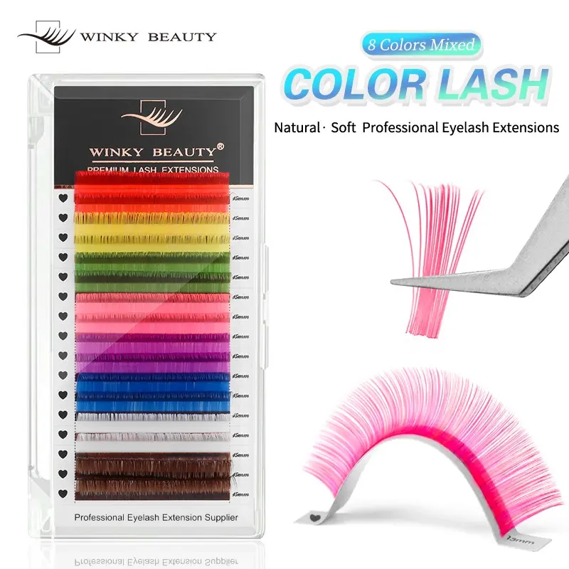 winky beauty 8 Colors Mix Eyelashes 16rows Soft Natural Synthetic Mink Rainbow Eyelash Extension Supplies Colorful Classic Lashes False Eyelashes, Fake Eyelash Extensions Cosmetic