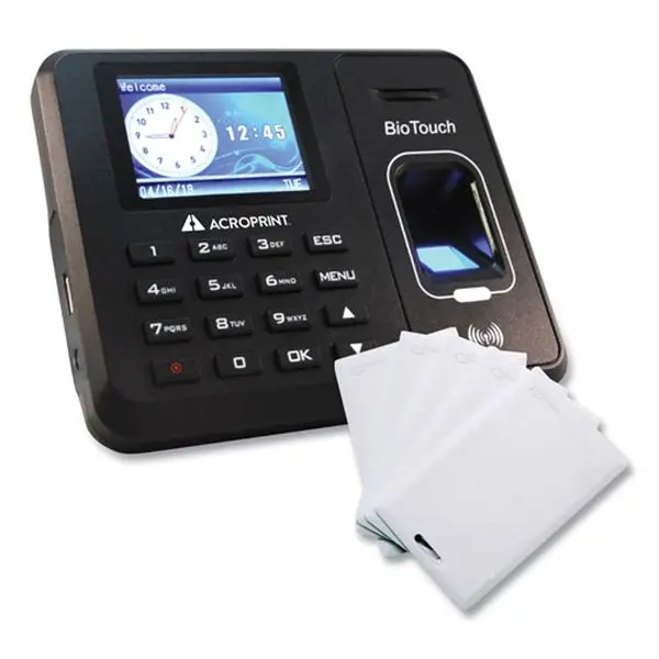 Acroprint BTR150 BioTouch Time Clock & Badges Bundle - Black, Built-in Fingerprint Scanner, Accommodates Up to 500 Employees, Excel Spreadsheet Compatible, 3 lbs Weight