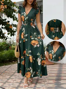 Elegant Chic Bohemian Deep V Long Dress, Floral Print, Pleated Waist, Bell Bottom Hem, Casual Wear, Perfect for Summer Dates and Vacations