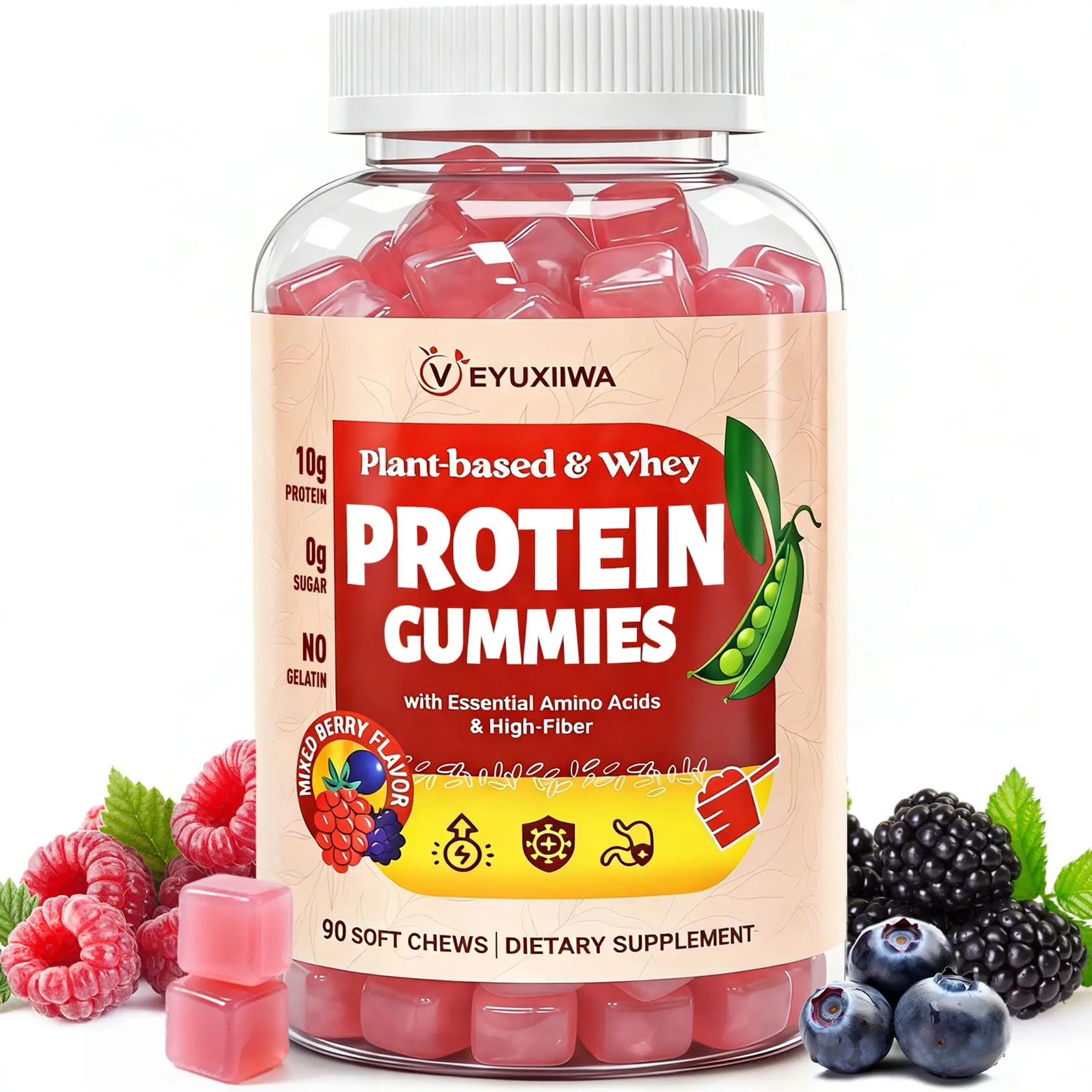 Whey & Plant Protein Gummies, Mixed Berry Flavor, 90 Soft Chews, 10g Protein Blend, Zero Sugar, No Gelatin, Daily Protein Supplement