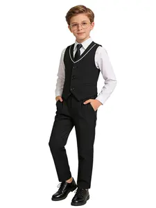 Boys 3-Piece Contrast Trim Vest Set | Vest + Pants + Tie | Black/Khaki/Brown | Preppy Formal Style | Fits 100-150cm | Perfect for Weddings, Birthdays, Performances & All Formal Occasions (No Shirt Included) Suit -24102