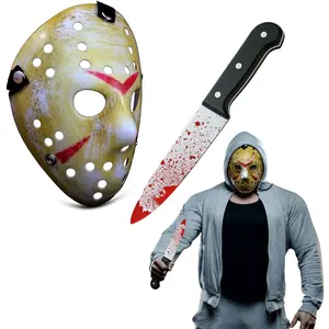 Adult Jason Voorhees Hockey Mask & Bloody Knife Prop Halloween Horror Killer Friday The 13th Costume Horror Night Themed Parties Fancy Dress Dress-Up
