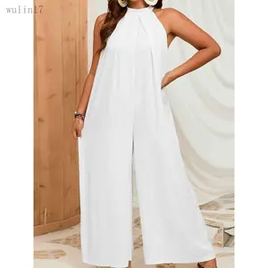 2025Plus Size Sleeveless Halter Neck Wide Leg Jumpsuit