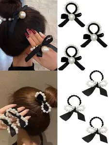 6pcs Faux Pearl Decorated Bow Hair Tie, High Stretch Ponytail Holder, Simple and Elegant Hair Accessories for Women, Hair Bows