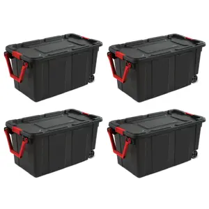 Sterilite Heavy Duty 40 Gallon Wheeled Industrial Storage Tote, 4-Pack, Black Tools Large